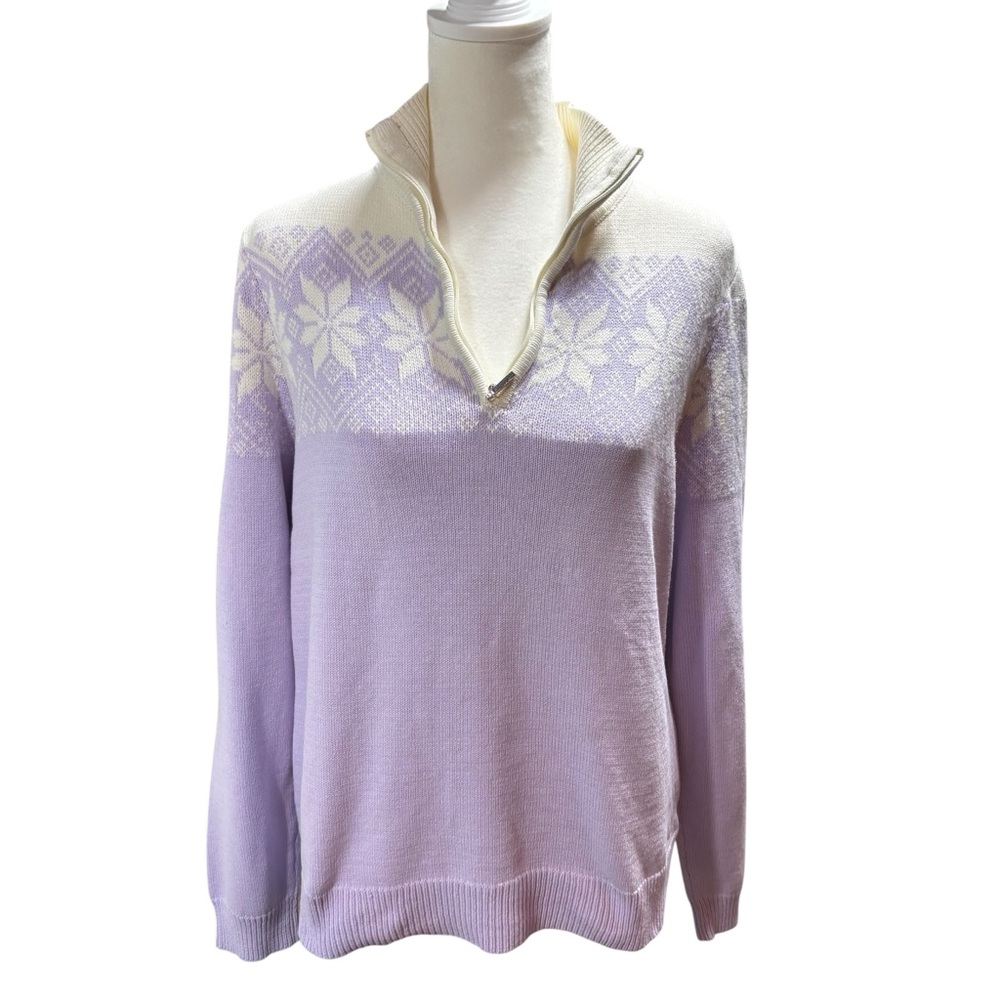 IZOD Quarter Zip Sweater Lavender Purple Fair Isle Snowflake Knit Pullover‎ #689